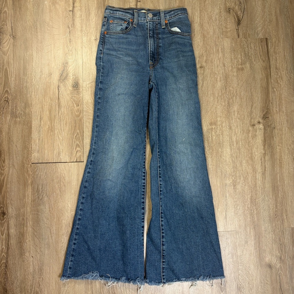 Levis Ribcage Bell Jeans Size 25 Dark Wash Faded Flare Raw Hem Denim Blue
